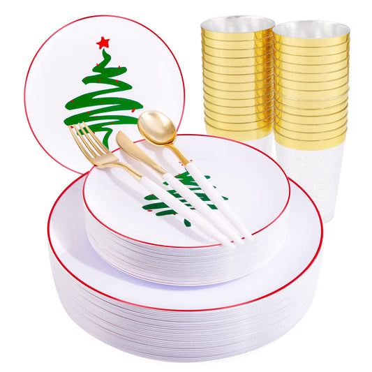 Supernal 180pcs Christmas Dinnerware set,Christmas Tree Plates,Christmas Plastic Plates with Red Rim,Gold Plastic Cutlery with White Handle,Gold Rim Cups,Christmas Party Decoration