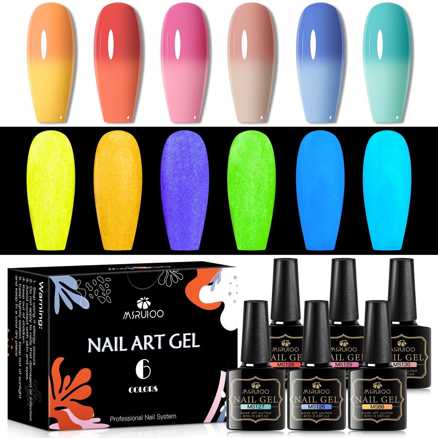 MSRUIOO Color Changing Gel Nail Polish Set Glow in the Dark Gel Nail Polish Kit Mood Luminous Temperature Color Change Gel Polish Soak Off Gel Polish Kit 6 PCS 8ML