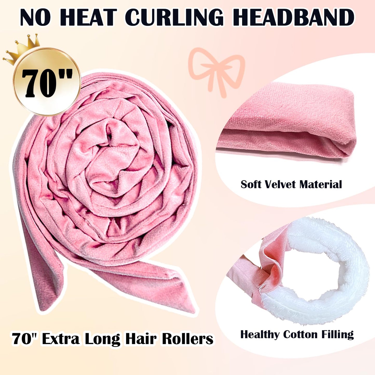 ZILAMPU No Heat Overnight Curling Headband for Long Waves, 70" Soft Curl Wrap for Women Girls, 6 PCS Curling Rod Gift Set - Pink