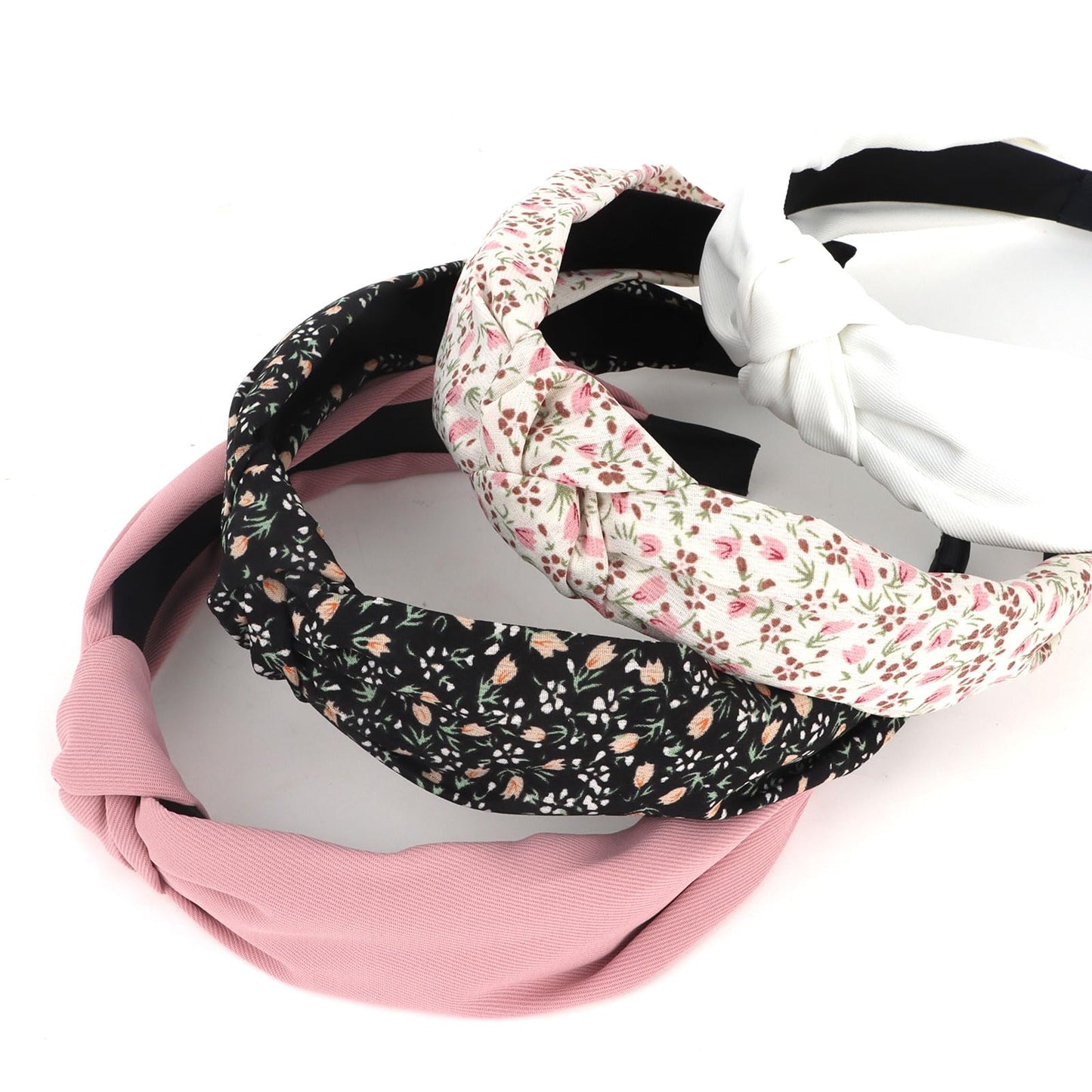 YISSION 4PCS Knotted Headbands for Women Girls Non Slip Flower Printed Head Bands Top Knot Headband for Women Black White Pink Headband Hair Accessories for Women