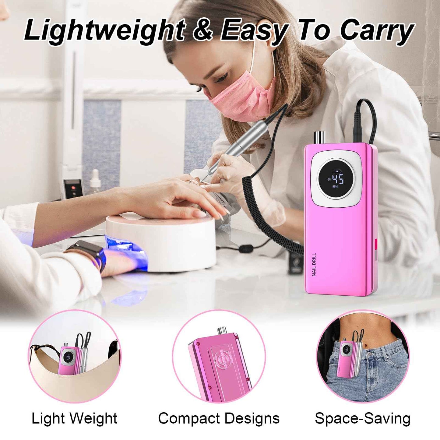 Electric Nail Drill Professional: Rechargeable Nail File with Bits for Acrylic Gel Nails, Professional Nail Drill Manicure Pedicure Polishing Shape Tools for Home Salon
