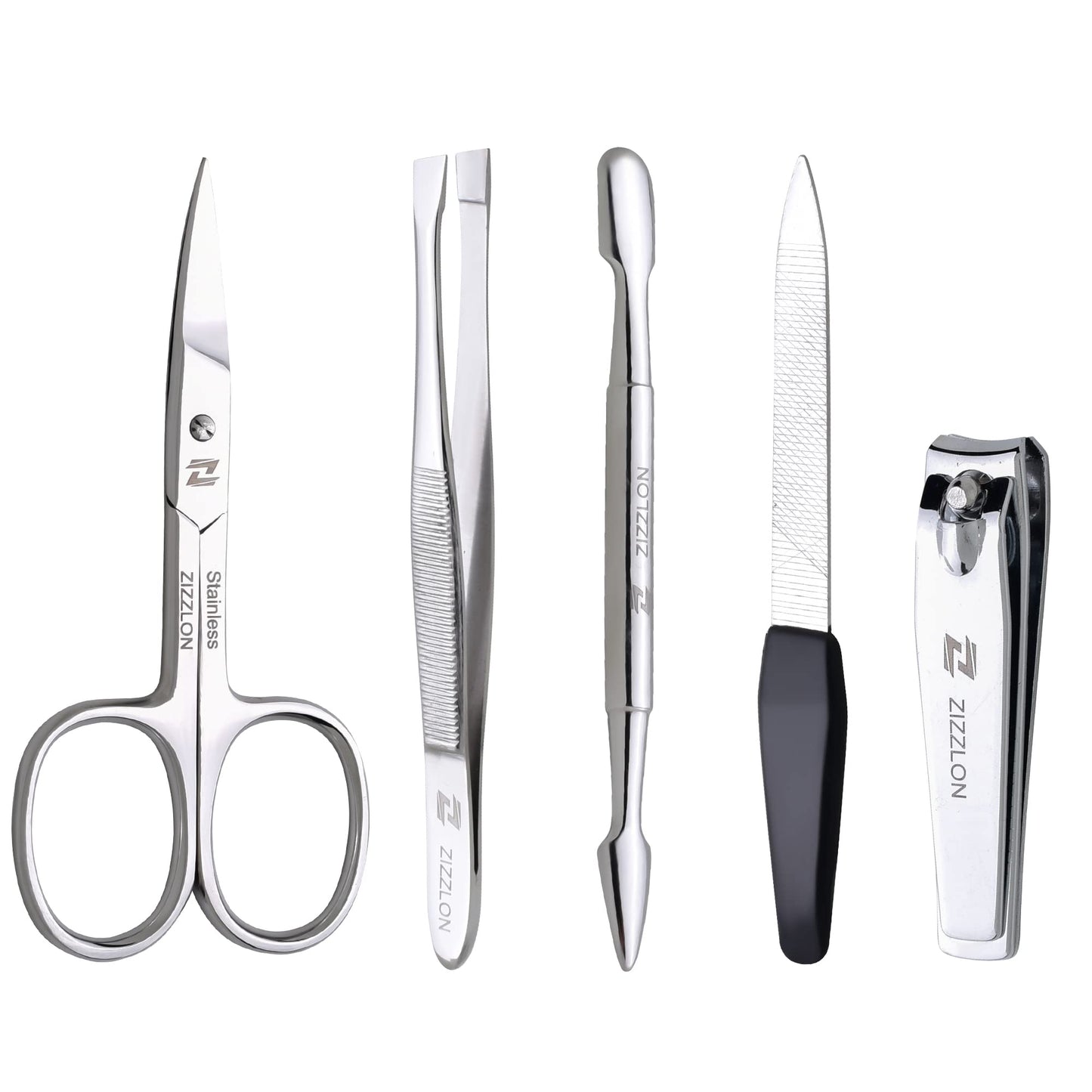 ZIZZLON Manicure Set - Cuticle Scissors, Nail and Eyebrow Scissors, Nail Clippers, Cuticle Pusher, Nail File, Eyebrow Tweezers - Professional Mens Grooming Kit (5 in 1)