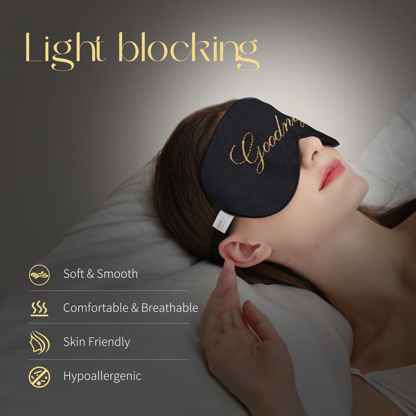 ZIMASILK 100% Natural Silk Sleep Mask Blindfold,Adjustable Super-Smooth Soft Eye Mask for Sleep with Bag(Good Night - Black)