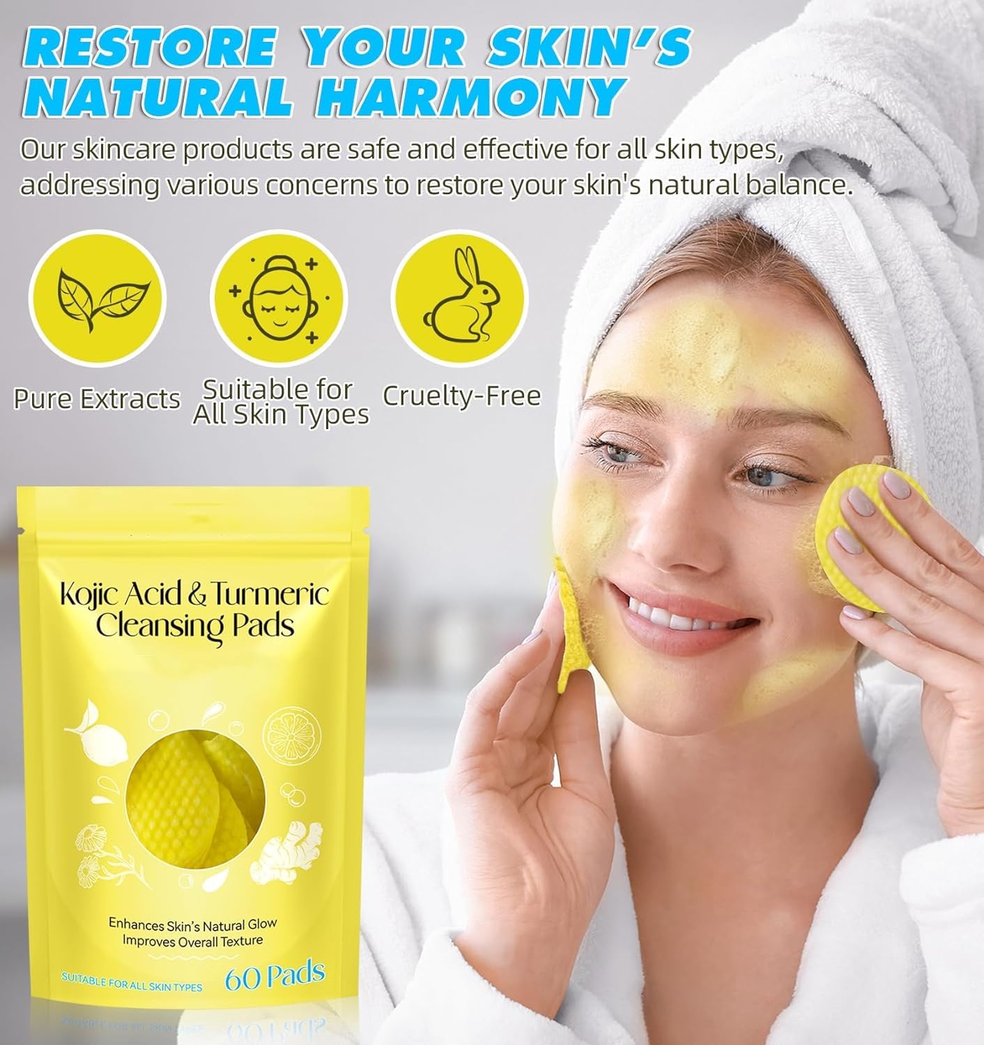 SHIFAKOU Turmeric Cleansing Pads for Dark Spots, Turmeric Kojic Acid Cleansing Pads Infused Foaming Exfoliating and Cleansing Pads,Remove Excess Keratin (60 Pads)