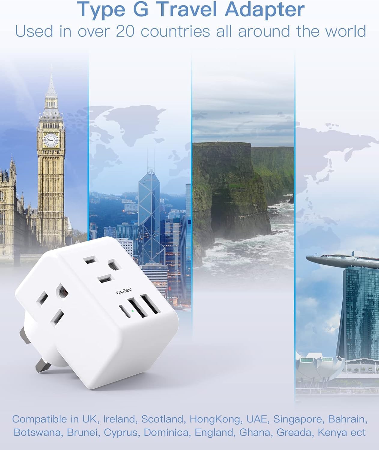 2 Pack US to UK Ireland Travel Plug Adapter, Type G Power Plug Adapter with 3 Outlets 3 USB Ports(1USB C), European Travel Plug Adapter for USA to England London Scotland British Qatar Irish Hongkong