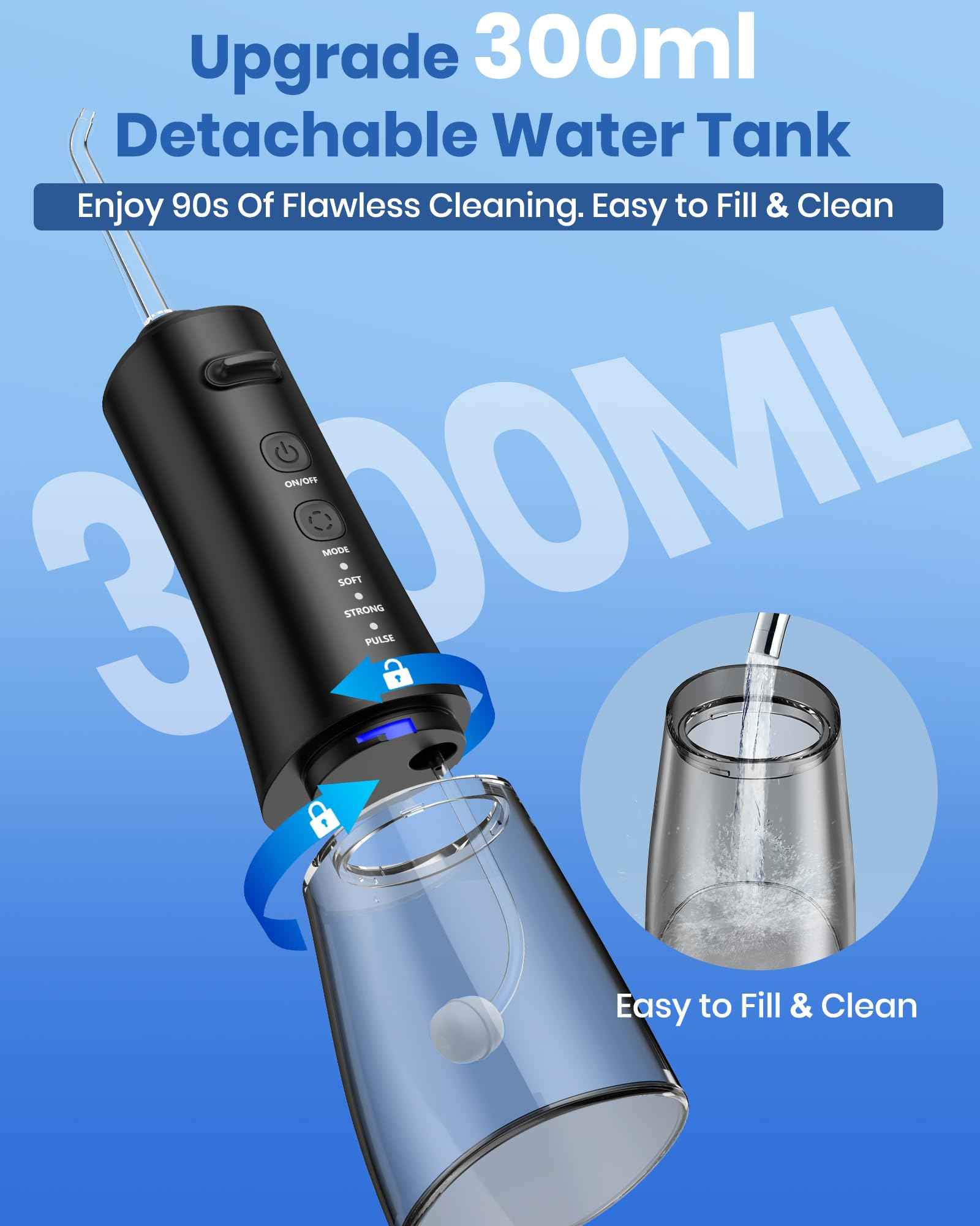 Water Flosser, 300ML Portable Cordless Water Dental Flossers for Teeth Deep Cleaning, IPX7 Waterproof Rechargeable Electric Oral Irrigator Teeth Pick for Travel Home Use and Braces Care (Black)