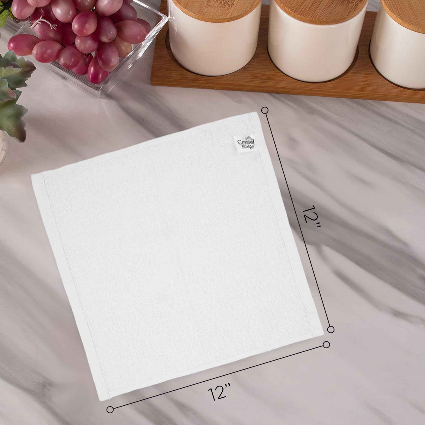 Crystal Ridge 100% Cotton Premium Wash Cloths, 12"x12", 8 Pack, Soft Feel, Absorbent Multipurpose Towels for Bathroom, Kitchen and Gym. Face & Body Washcloths, Bar Towels (8, White)