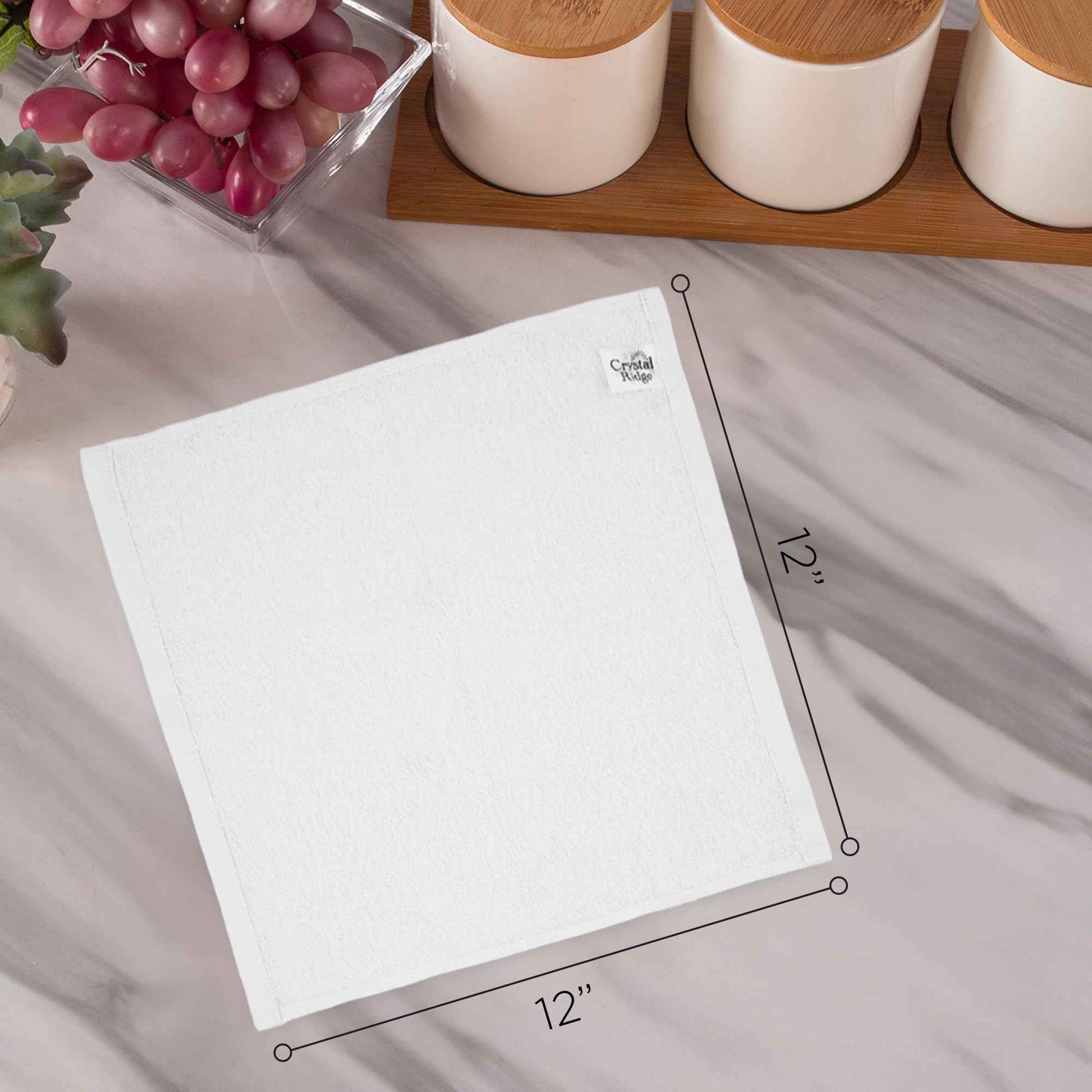 Crystal Ridge 100% Cotton Premium Wash Cloths, 12"x12", 8 Pack, Soft Feel, Absorbent Multipurpose Towels for Bathroom, Kitchen and Gym. Face & Body Washcloths, Bar Towels (8, White)