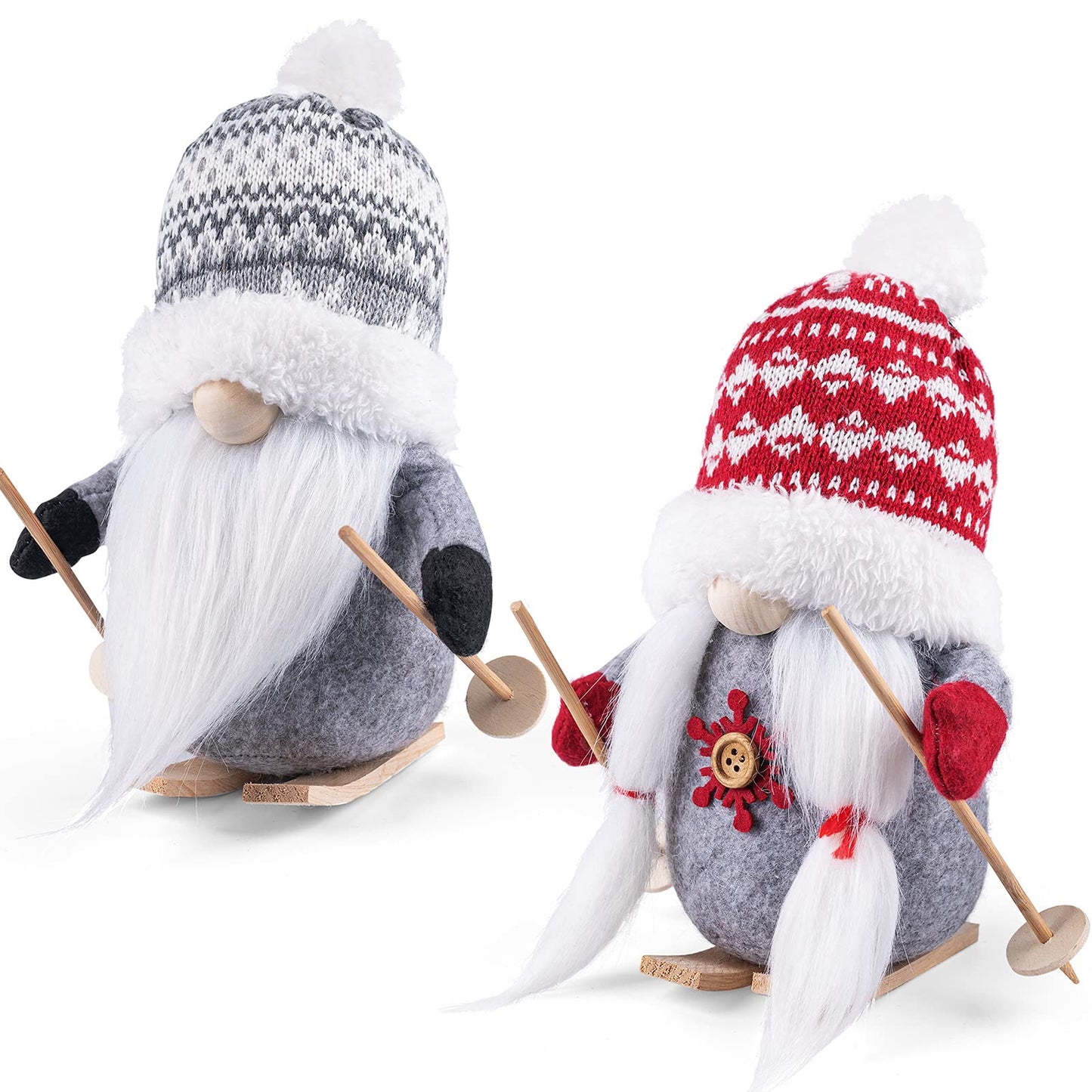 D-FantiX 2Pack Sled Christmas Gnomes Plush with Wood Skis and Ski Poles, Handmade Swedish Tomte Santa Scandinavian Figurine Nordic Plush Elf Doll Gnome Ornaments Christmas Decorations Home Decor