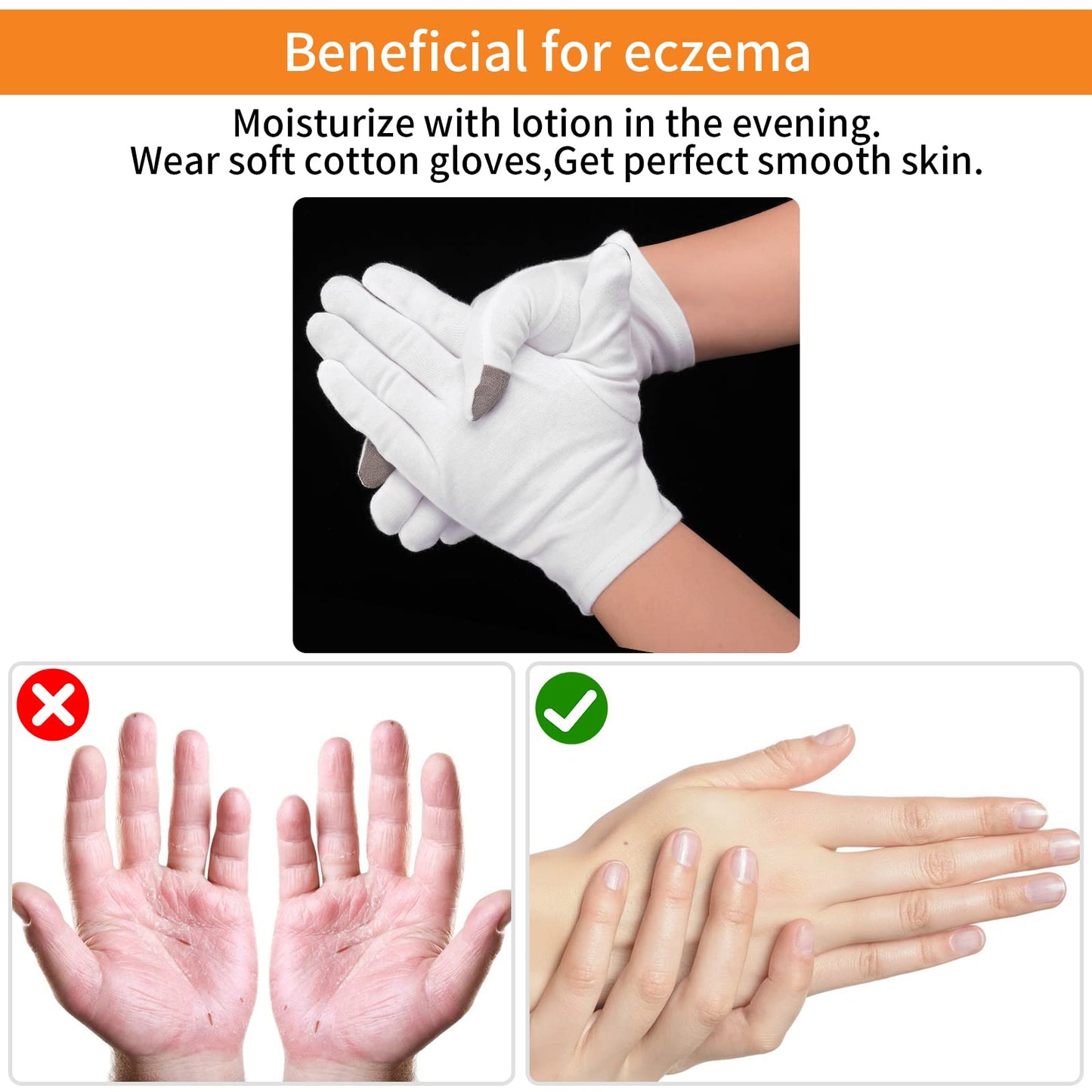 2 Pairs Medium Touch Screen Moisturizing Gloves White Cotton Moisturizing Gloves for OverNight Bedtime Heal Eczema Sleeping Lotion Hand Spa Treatment Gloves Repair Rough Cracked Dry Chapped Hands Skin