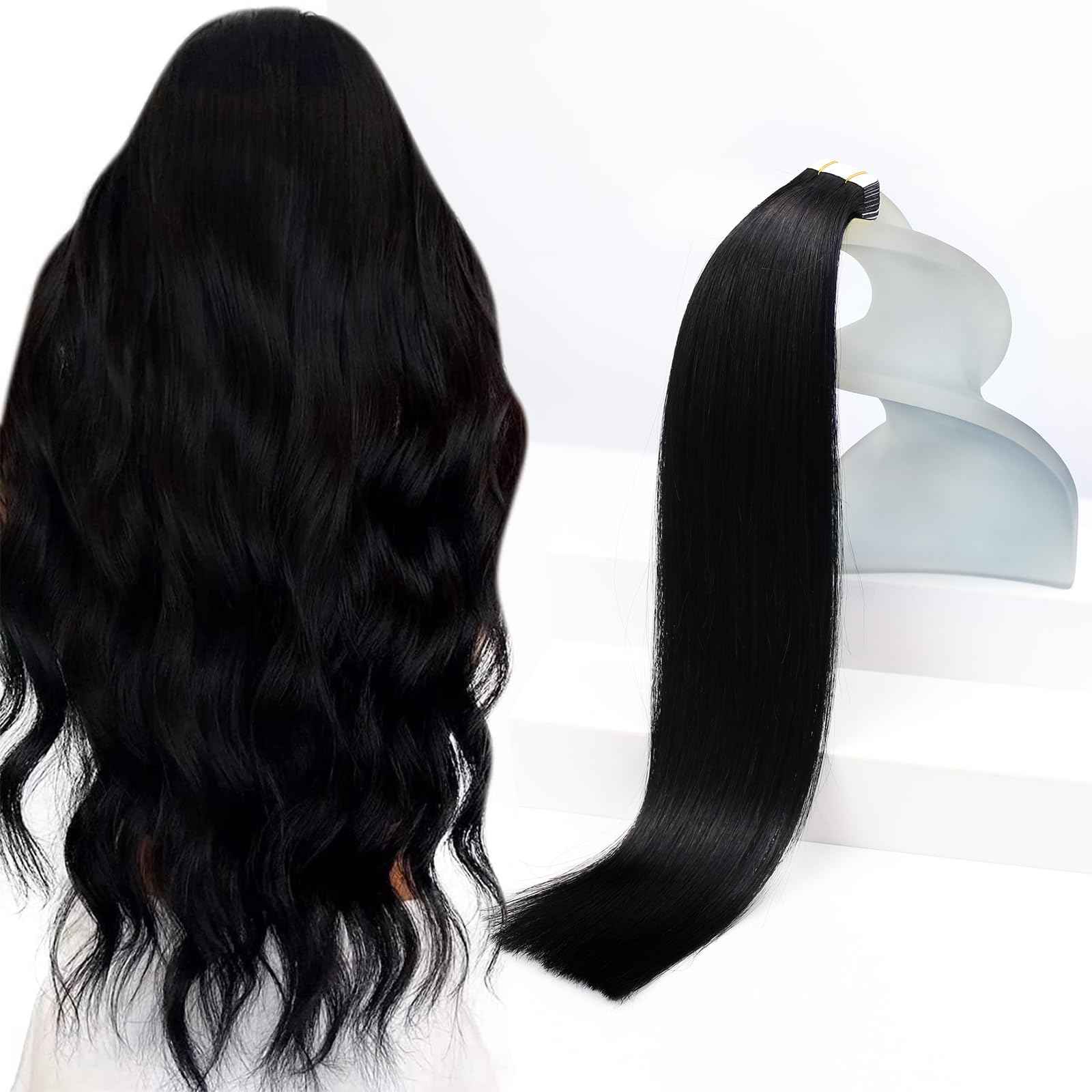 Sunny Hair Tape in Hair Extensions Human Hair 22inch Hair Extensions Real Human Hair Tape in Extensions for Women Jet Black Invisible Remy Hair Natural Straight Skin Weft Double Sided Tapes 20Pcs 50g