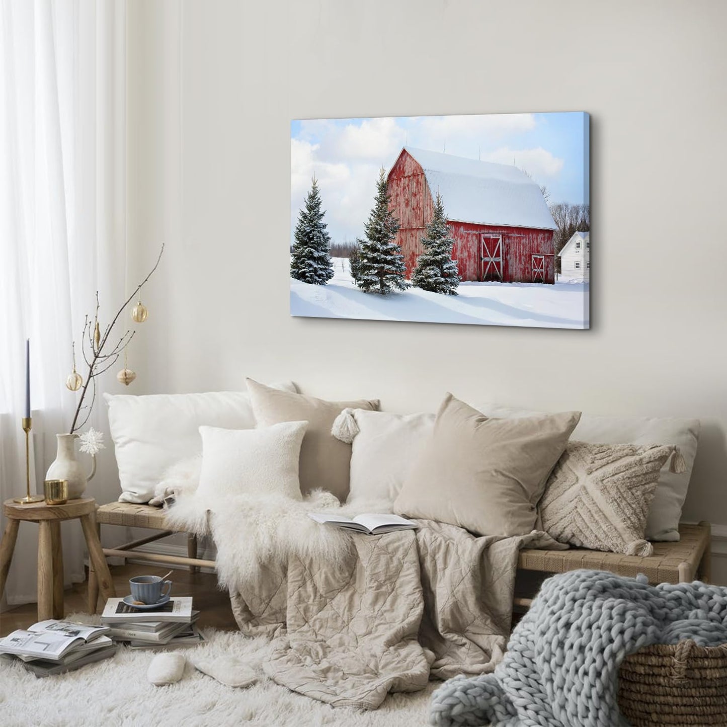 Christmas Canvas Wall Art Rustic Farmhouse Red Old Barn Landscape Pictures Wall Decor 24 x 36 Snowy Wilderness Christmas Tree Posters Framed Artwork for Home Living Room Bedroom Aesthetic Decoration