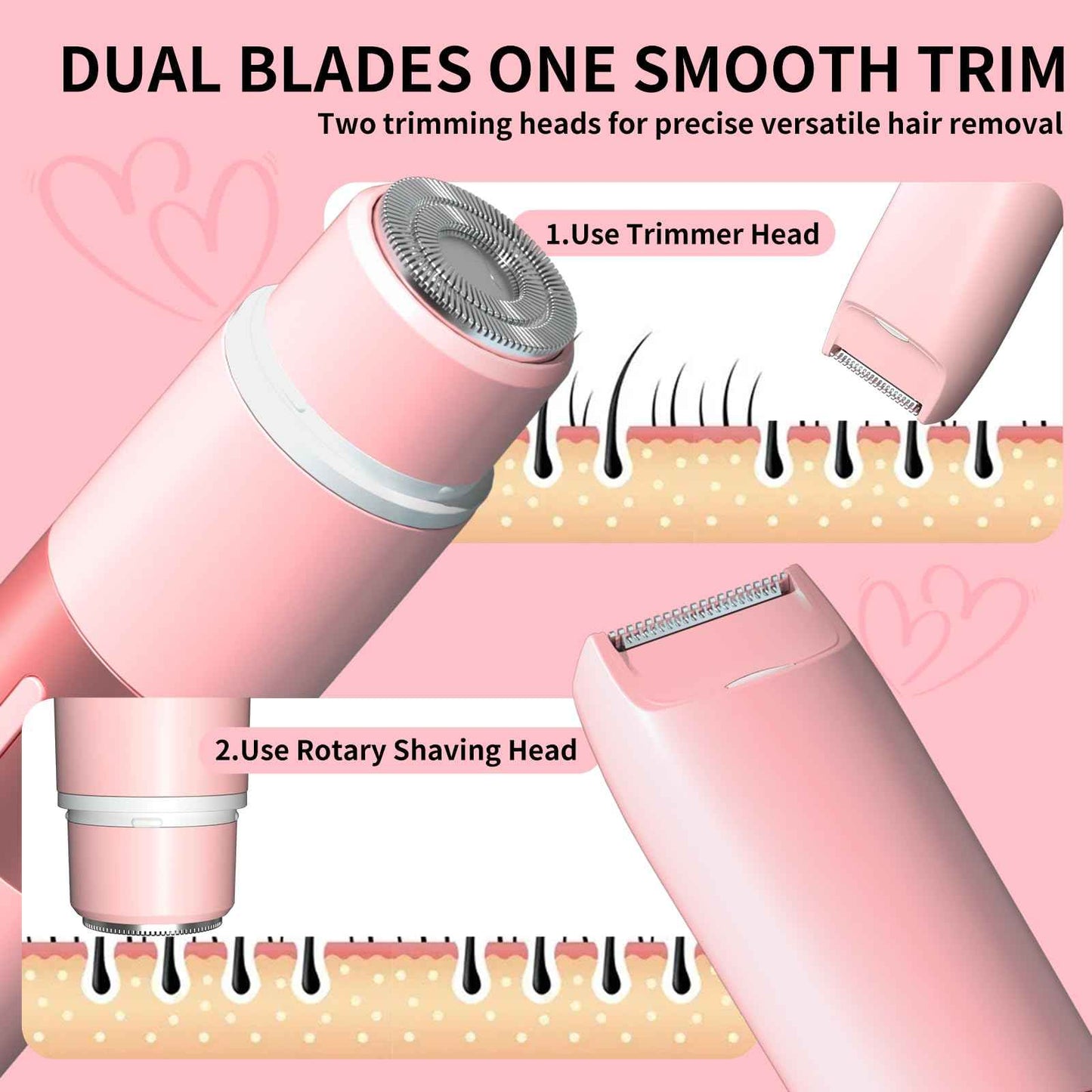 Bikini Trimmer for Women - 2 in 1 Painless Electric Razors for Women, IPX7 Waterproof Rechargeable LED Dual Head Electric Shaver for Lady Bikini Underarm, Body, Leg, Face Hair Remove - Pink
