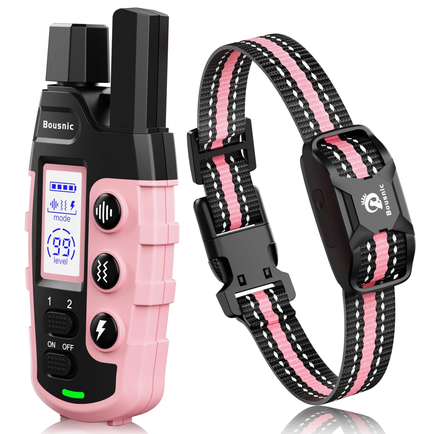 Bousnic Dog Shock Collar - 3300Ft Dog Training Collar with Remote for 5-120lbs Small Medium Large Dogs Rechargeable Waterproof e Collar with Beep (1-8), Vibration(1-16), Safe Shock(1-99) (LightPink)