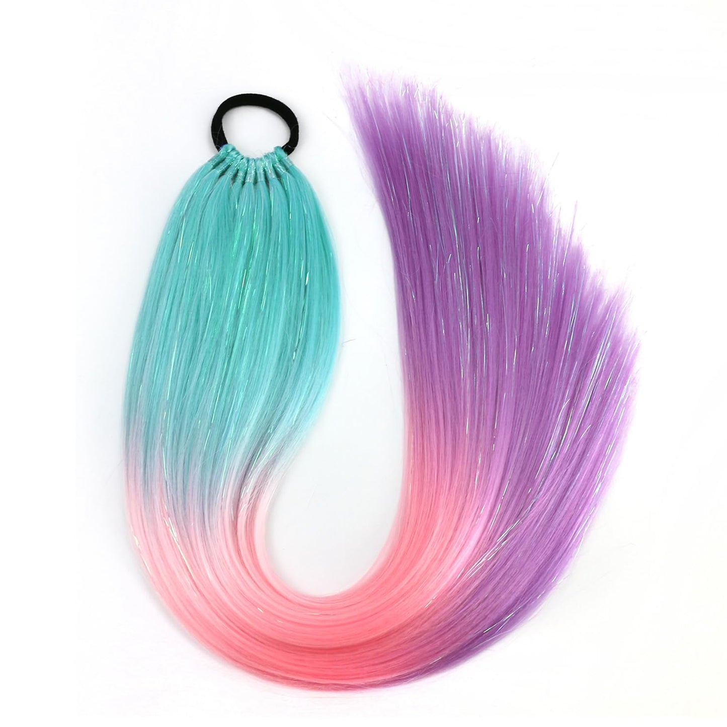 Accrue Colored Hair Extensions for Kids, 26 inch Ponytail Extension With Hair Tie, Ombre Braid Ponytail with Tinsel for Braids Rainbow Festival Party Rave Crazy Hair Day(26" Blue/Pink/Purple#3-2)