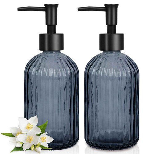 2 Pack Stripe Glass Soap Dispenser with Black Plastic Pump, 400ml Liquid Hand Soap Dispenser, Rustproof Pump for Kitchen & Bathroom, Great for Lotions, Essential Oil, Liquid Soaps- (Grayish Blue)
