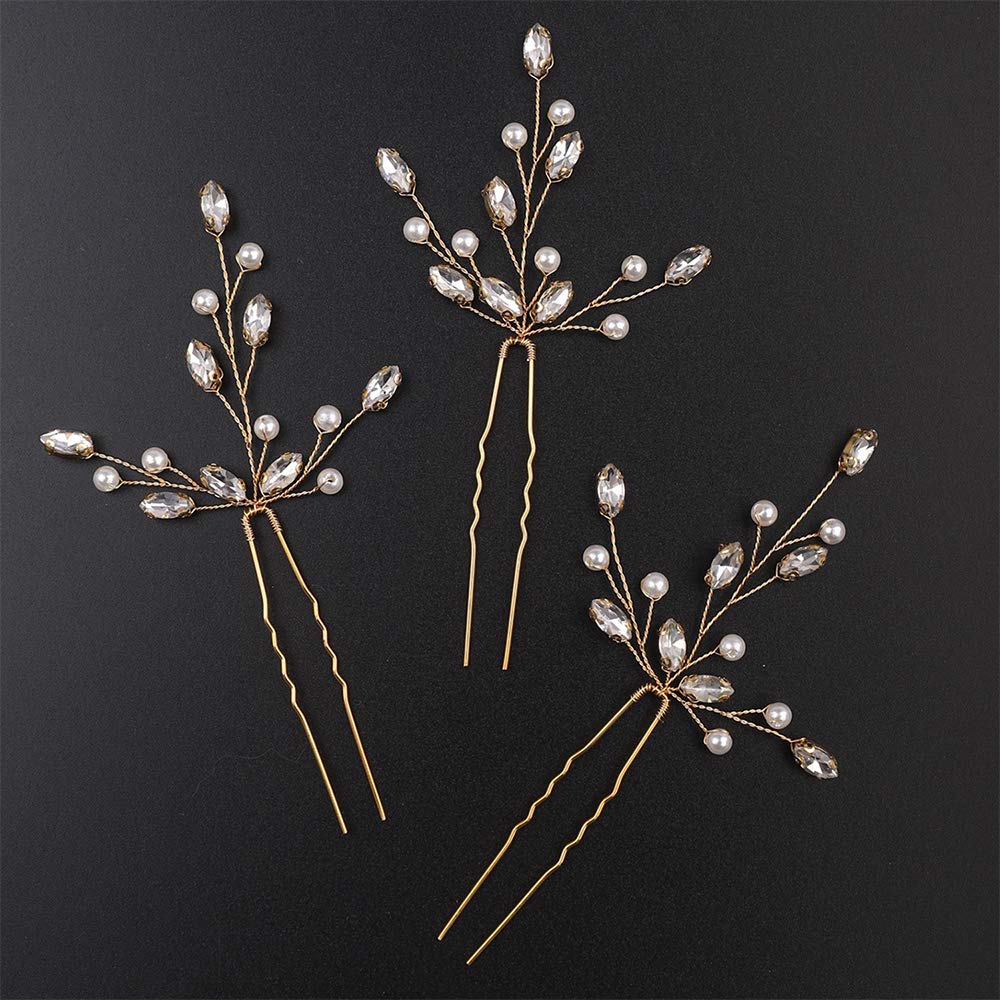 Aimimier Bridal Wedding Hair Pins Gold Crystal Hair Piece Pearl Bobby Pins Rhinestone Bridesmaids Hair Pin Wedding Hair Pins Hair Accessories for Women and Bride (Gold)