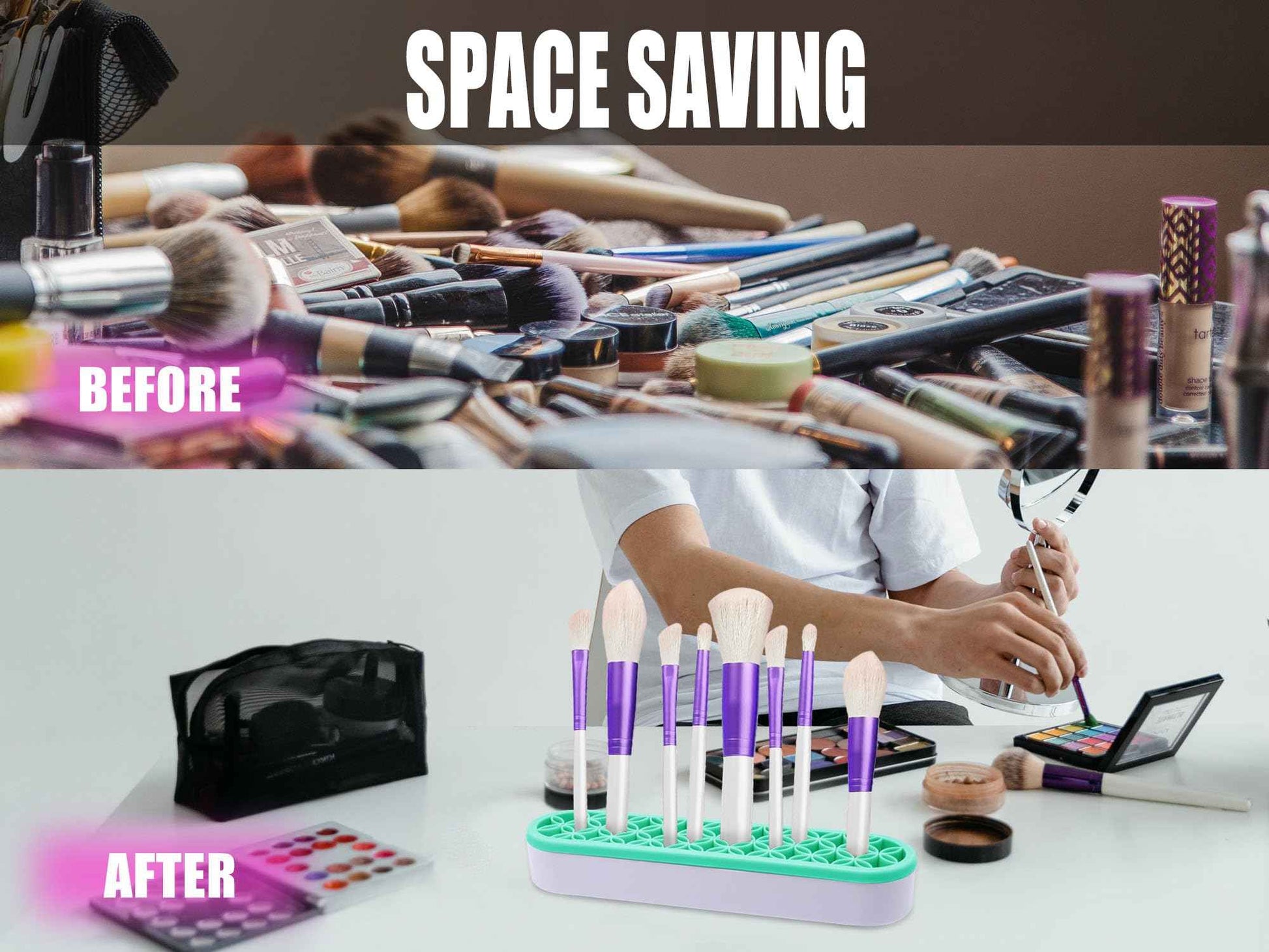 GDFYMI 2Pcs Silicone Makeup Brush Holders Green Purple Stand Makeup Brush Organizers Make Up Brushes Storage for Painting Pen Brushes Nail Clippers Drill Pens Ruler Sewing Craft Tools