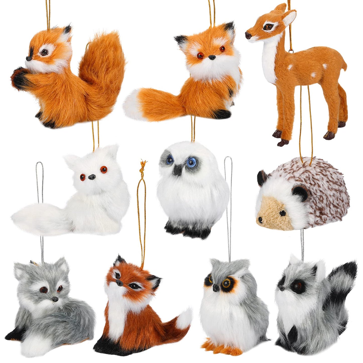 Skylety 10 Pieces Woodland Animal Christmas Ornaments Faux Fur Plush Animal Hanging Ornaments for Christmas Tree Keychain Backpack Hanging Home Decoration(Animals)