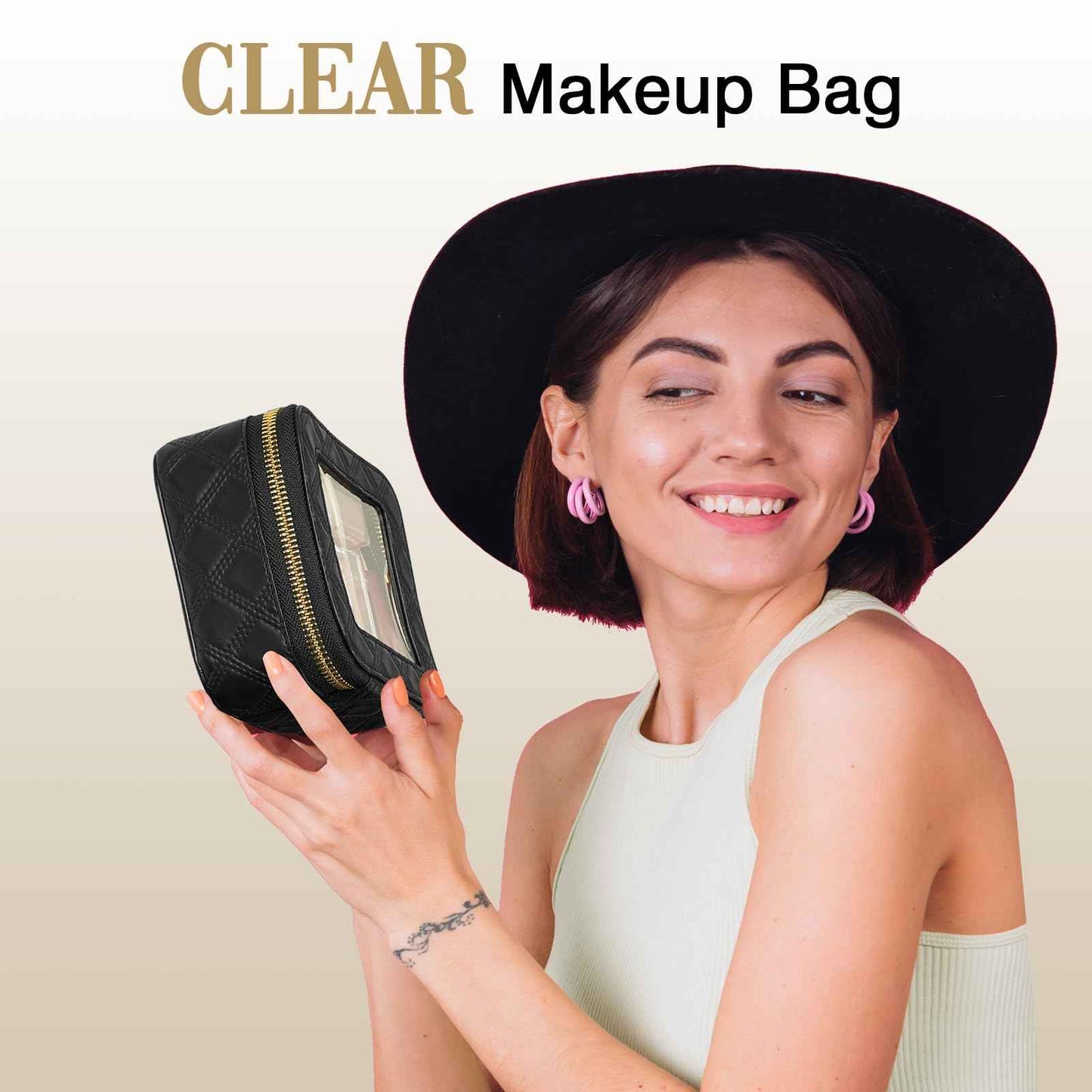 CHATSZ Mini Makeup Bag, Clear Cosmetic Bags for Women, Waterproof Transparent Toiletry Bag with Zipper, Small Cosmetic Case, Car Bag for Gift Clear Travel Pouch (Black)