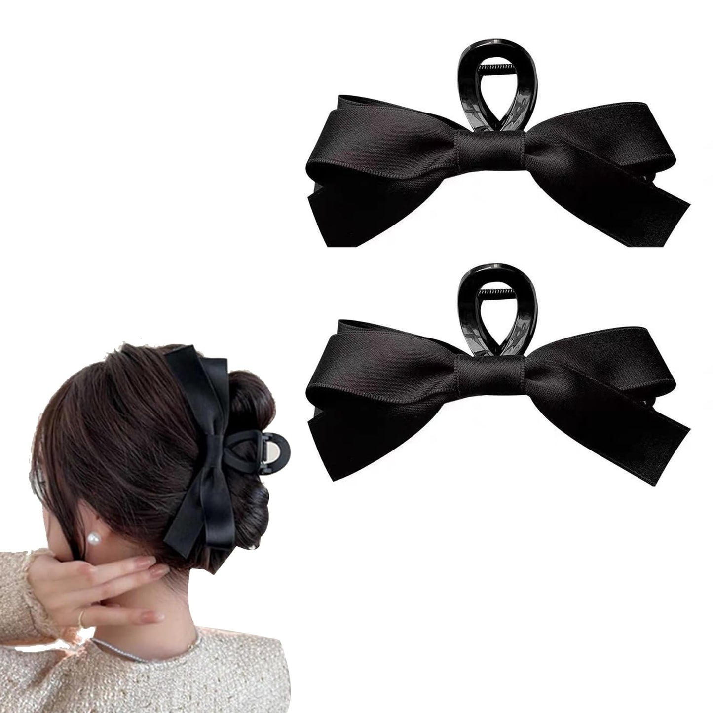 Bow Hair Claw Clip for Women,Bow-knot Hair Claw Clips Barrettes for Thick Thin Hair,Hair Accessories for Women Girls (black Satin)