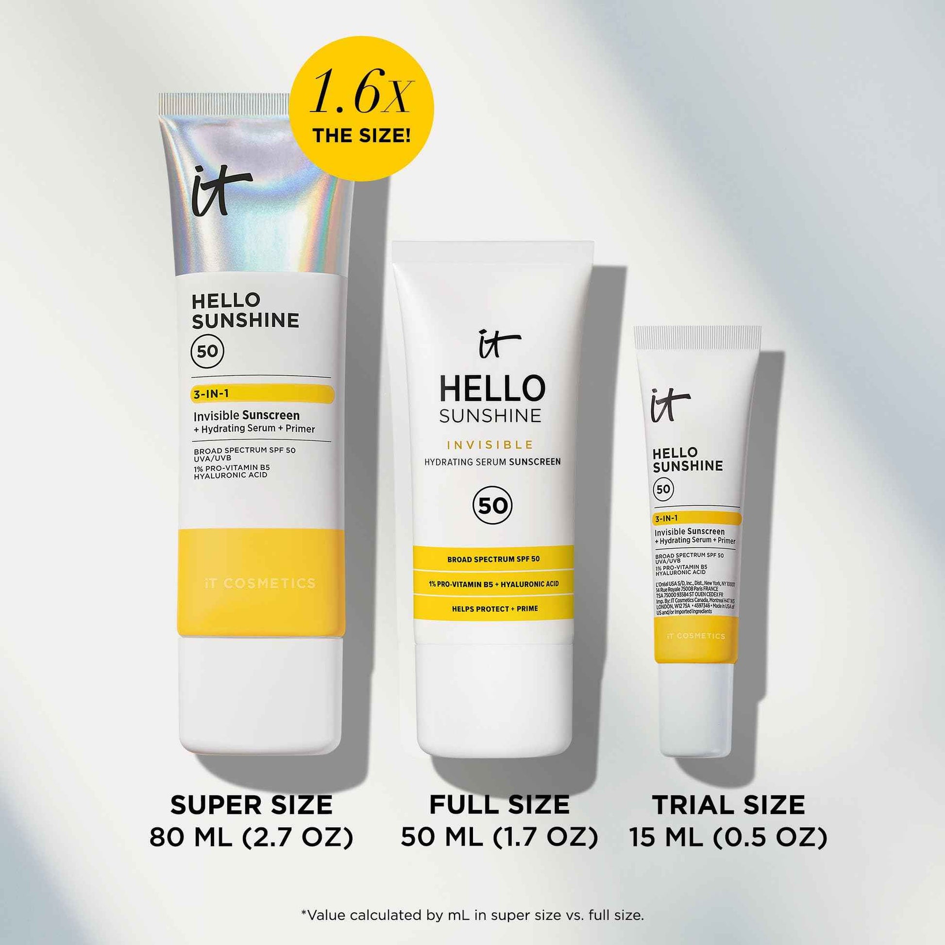 IT Cosmetics Hello Sunshine Invisible Sunscreen for Face SPF 50 - Sunscreen, Hydrating Serum & Makeup Primer - 1% Pro-Vitamin B5 & Hyaluronic Acid - HSA/FSA Eligible - No White Cast - 1.69 fl oz