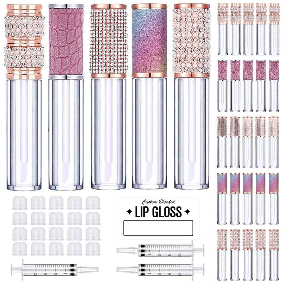 AMORIX 25 Pack Diamond Lip Gloss Tubes with Wand 5ml Empty Rhinestone Lip Gloss Containers Cute Lipgloss Bottles Crystal Lip Gloss Supplies Kit + 2pcs Syringes + Labels for DIY Lip Gloss Base