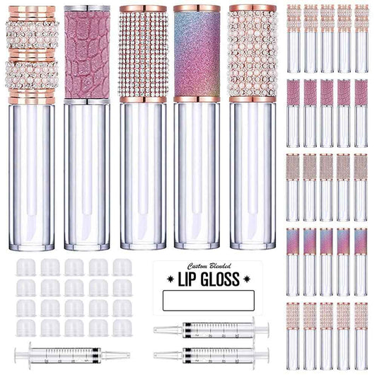 AMORIX 25 Pack Diamond Lip Gloss Tubes with Wand 5ml Empty Rhinestone Lip Gloss Containers Cute Lipgloss Bottles Crystal Lip Gloss Supplies Kit + 2pcs Syringes + Labels for DIY Lip Gloss Base