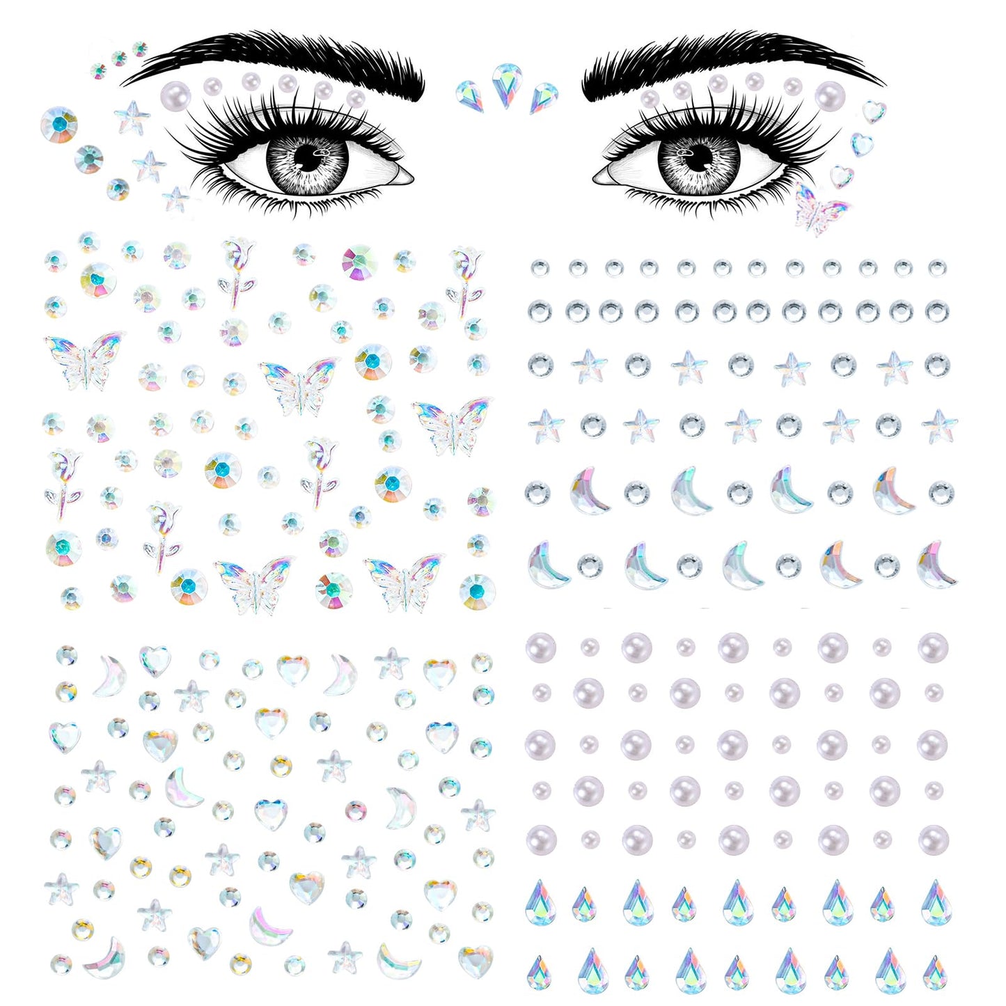 Aaiffey Face Gems Self Adhesive Face Rhinestones Stick On for Hair Gems Makeup Stickers Face,Eyes,Nail Stickers Pearls Star Rhinestones Tattoos for Women, Girls (4 Sheets)