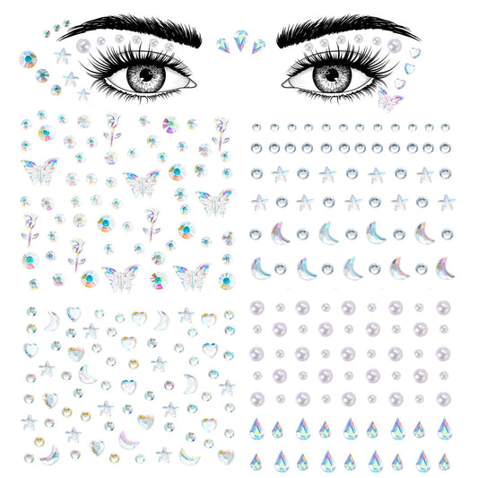 Aaiffey Face Gems Self Adhesive Face Rhinestones Stick On for Hair Gems Makeup Stickers Face,Eyes,Nail Stickers Pearls Star Rhinestones Tattoos for Women, Girls (4 Sheets)