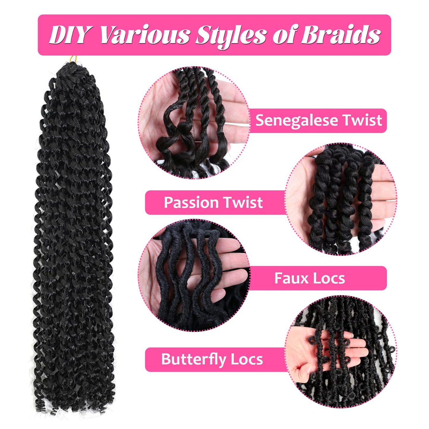 Passion Twist Hair 24Inch 6Packs Passion Twist Crochet Hair Water Wave Crochet Braiding Hair for Black Women (24Inch 6Packs, 1B#)