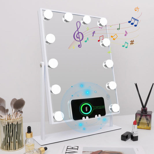 Fenair Hollywood Vanity Mirror with Lights Speaker and Wireless Charging Lighted Makeup Mirror with 12 LED Lights Upgrated Hollywood Mirror with Dimmable Lights