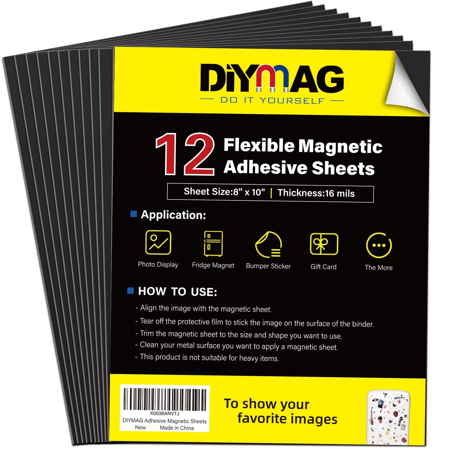 DIYMAG Magnetic Adhesive Sheets, |8" x 10"|, 12 Pack Flexible Magnetic Sheets with Adhesive Backing for Crafts, Photos and Pattern Storage, Easy to Peel and Stick