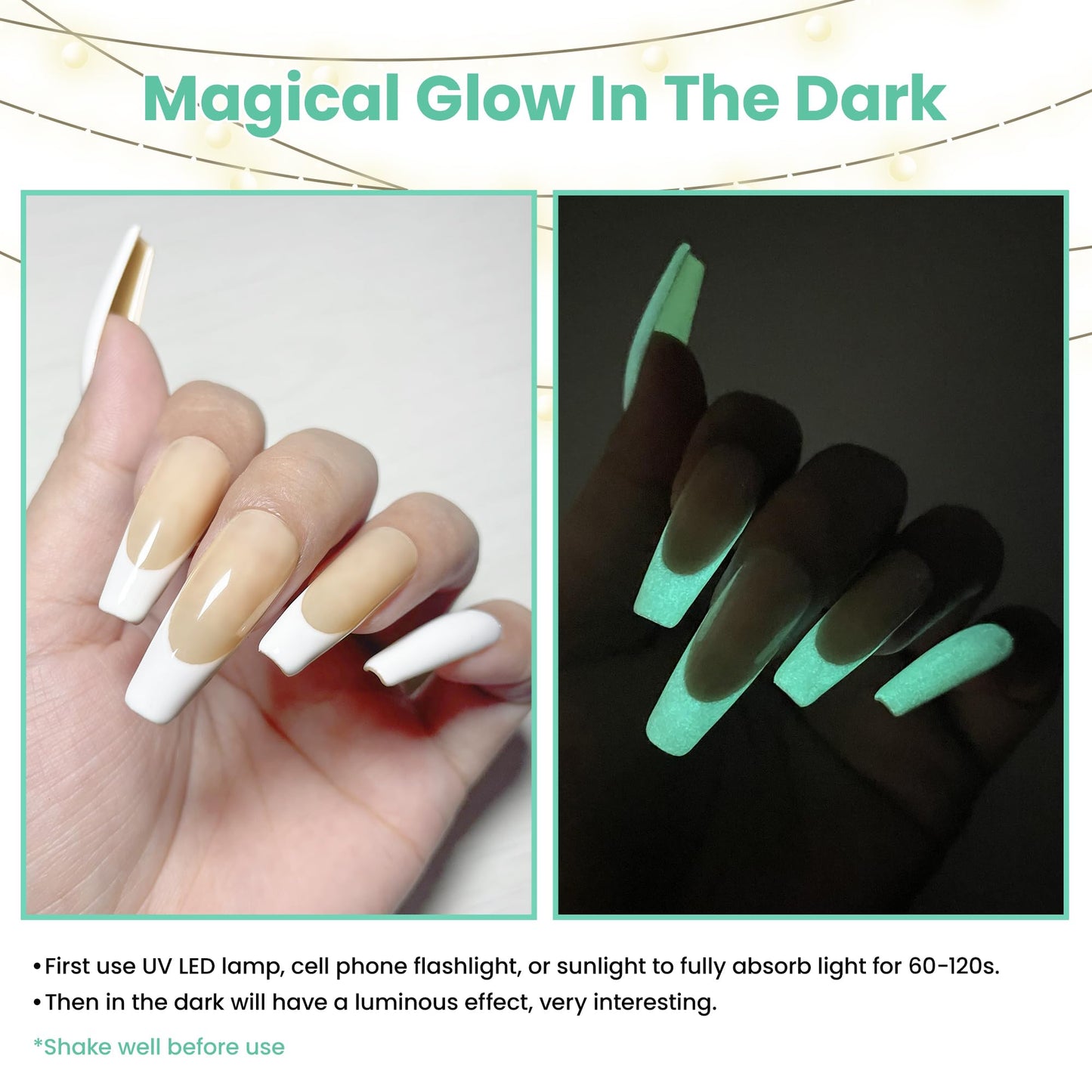 YTD Likomey Glow in the Dark Gel Nail Polish,15ml White Green Luminous Glow Effect UV Nails Gel,Fluorescent Bright Neon Shiny Salon Home DIY UV Manicure Nail Art Varnish,YG379