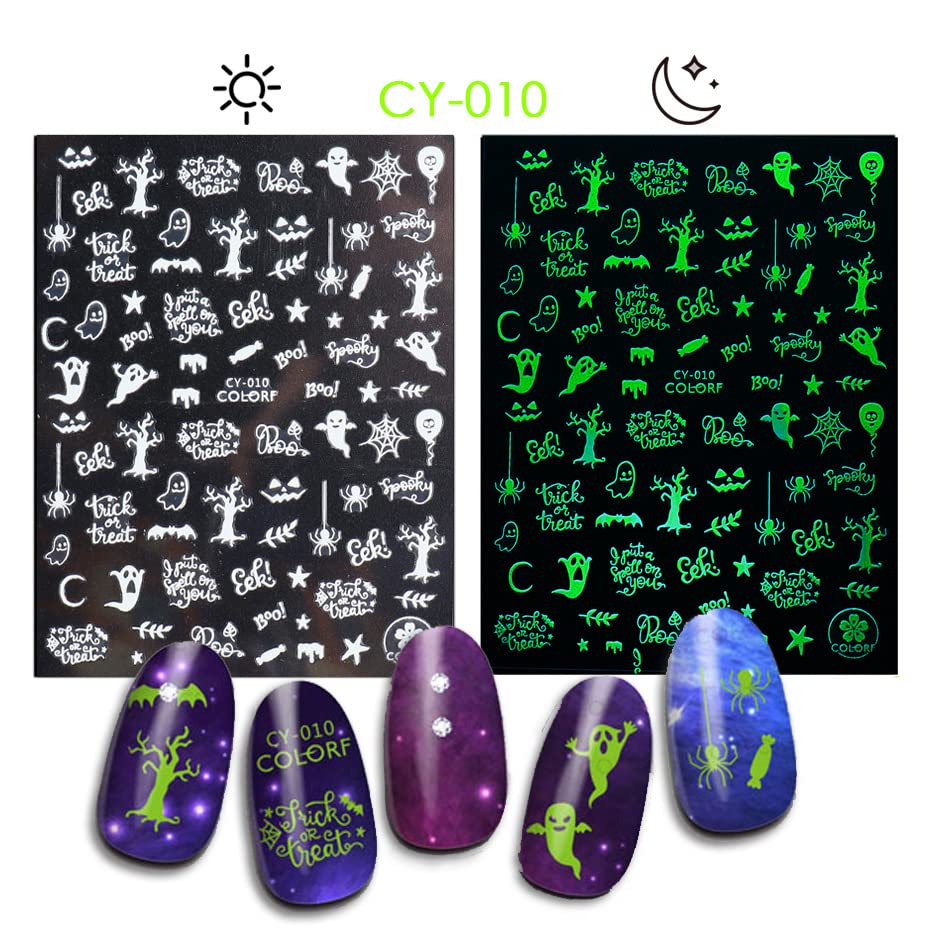 6 Sheets Party Luminous Nail Art Stickers, Santa Claus Snowman Christmas Tree Elk Ghost Snake Spider Web Skull & Crossbones Glow in The Dark Nails Decals, Christmas Eve Festival Holiday Nail Charms