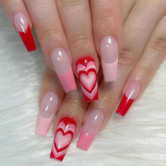 Valentines Nails French Tip Press on Nails Medium Coffin Fake Nails with Designs Heart Pink Red Nail Tips Full Cover Acrylic Nude False Nails Square Glue on Nails for Women and Girls Date Night 24Pcs