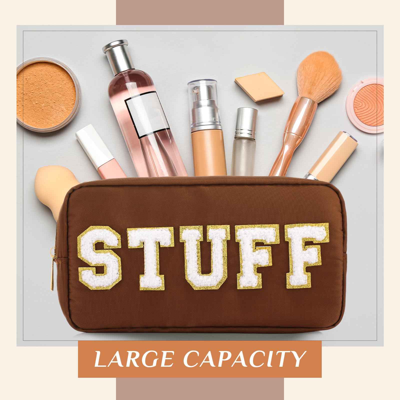 Cunno 4 Pcs Preppy Makeup Bags Chenille Letter Stuff Bag Nylon Cosmetic Pouch Cases with Zipper for Women Travel Toiletry(Brown Set,Vivid)