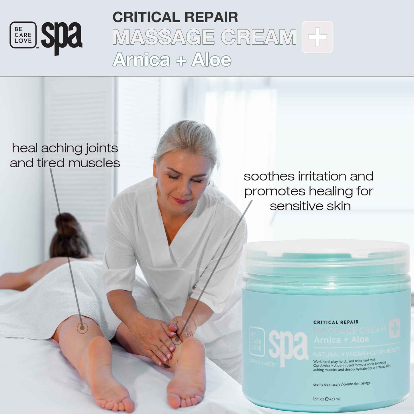 BCL Spa Critical Repair Massage Cream with Arnica, Aloe Vera, Kelp, Argan Oil, Shea Butter | Soothing Relief and deep Skin Nourishment Body Moisturizer, Vegan, Organic | Made in USA | 16 fl oz