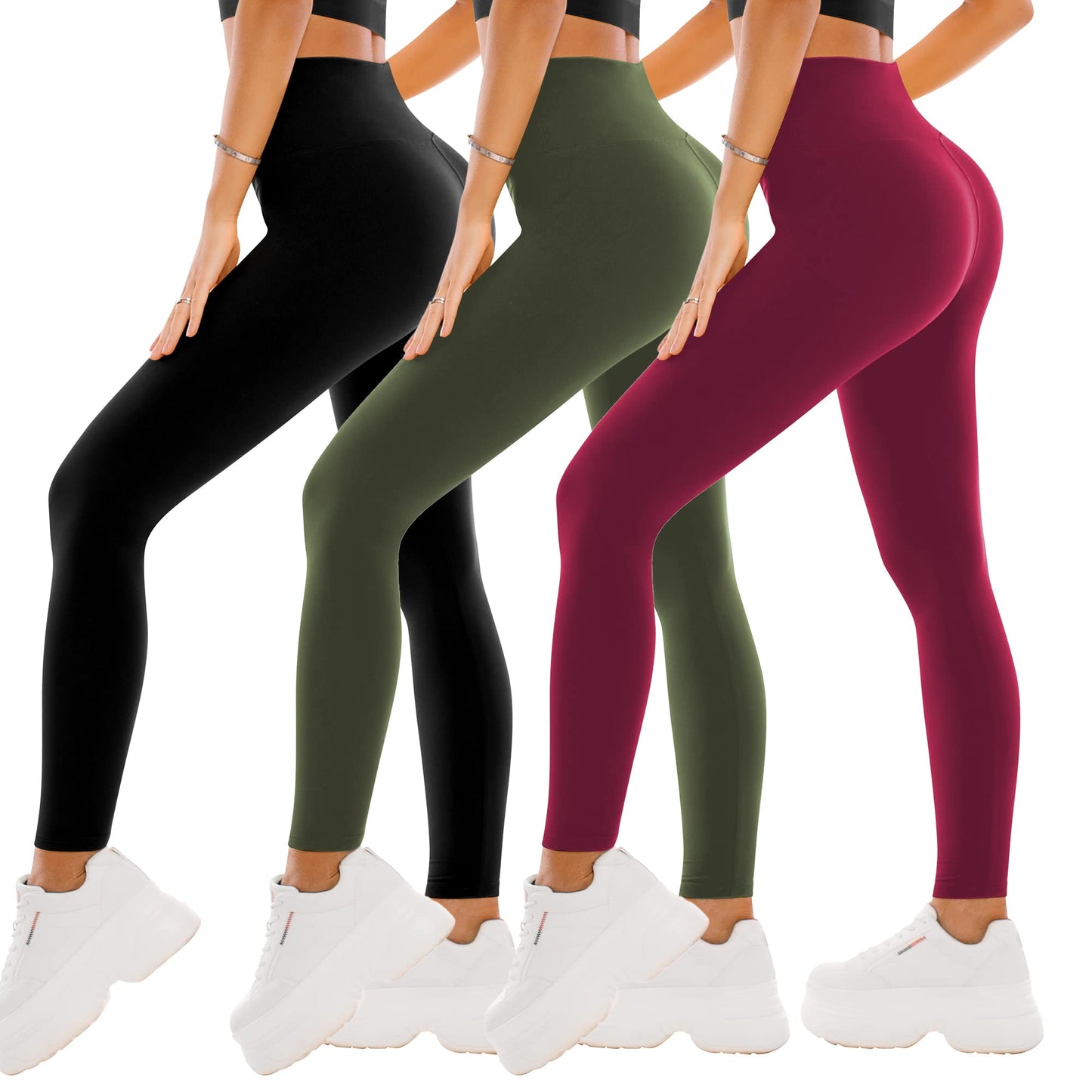 SINOPHANT High Waisted Leggings for Women - Full Length Capri Buttery Soft Yoga Pants for Workout Athletic(Full Black/ArmyGreen/Burgundy,S-M)