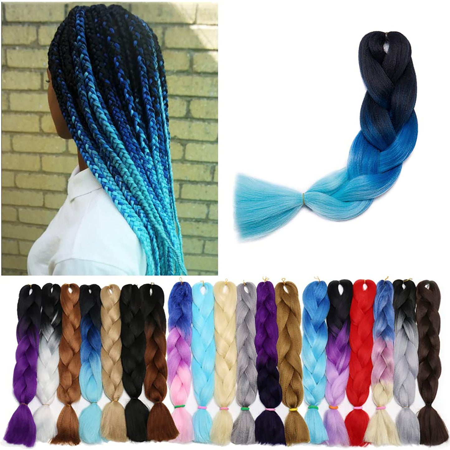 Benehair Ombre Braiding Hair 1 Bundle 24inch Jumbo Braiding Hair Extensions High Temperature Synthetic Braid Hair Braiding Hair Pre Stretched Braid Extensions (Black+Dark Blue+Light Blue)