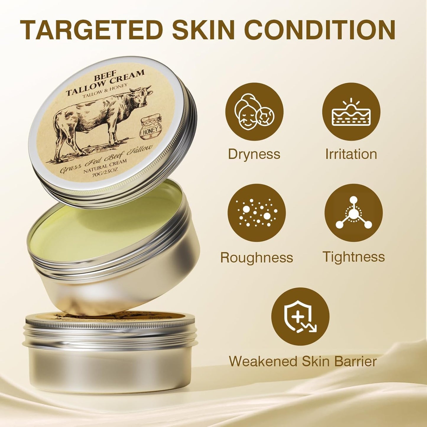 Beef Tallow for Skin, Tallow and Honey Cream,Tallow Face Moisturizer, Natural Organic Grass-Fed Beef Tallow Balm with Raw Honey Moisturizing Cream for Body Lotion Skin Care for Sensitive Skin (2.5oz)