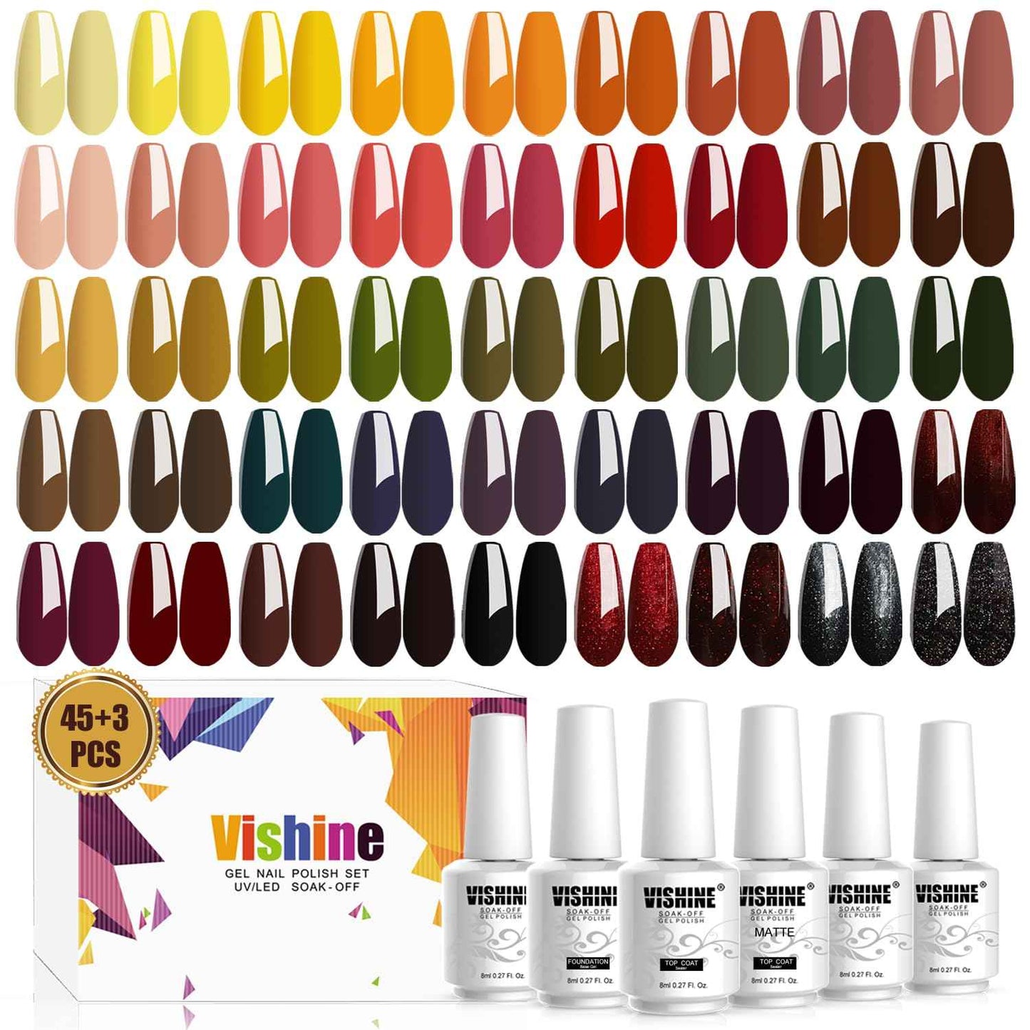 Vishine 48 Colors Gel Nail Polish Set, Autumn Winter Popular Nail Polish with Base Top Coat, Lasting UV LED Gel Polish Manicure Kit 8ml