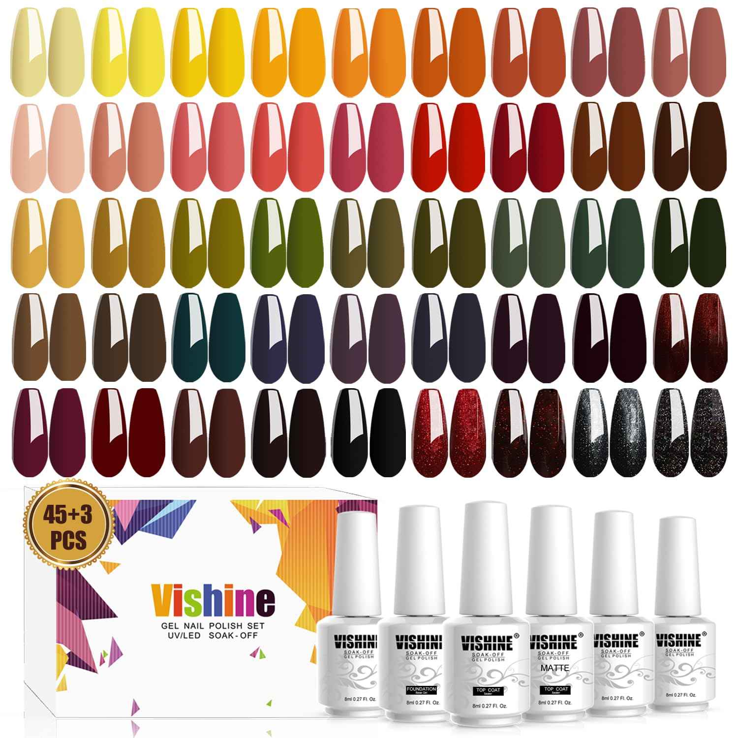 Vishine 48 Colors Gel Nail Polish Set, Autumn Winter Popular Nail Polish with Base Top Coat, Lasting UV LED Gel Polish Manicure Kit 8ml