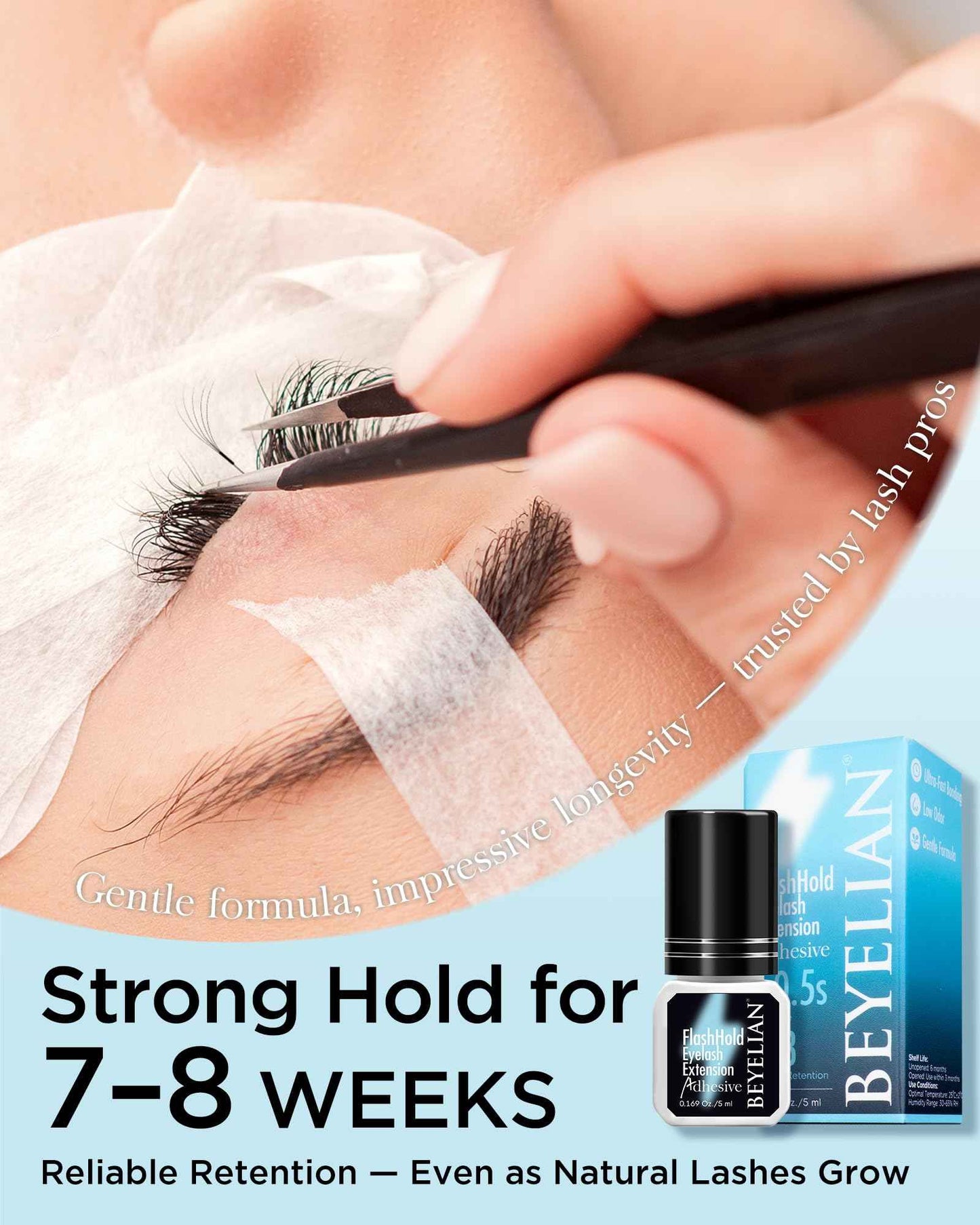 BEYELIAN Sensitive Eyelash Extension Glue 0.17fl.oz/5ml / 0.5Sec Drying Time/Retention – 7-8 Weeks/Black Adhesive/Hypoallergenic Formaldehyde-Free Lash Extension Glue for Professional Use Only