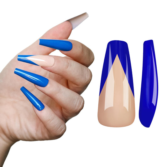 Allkem Press On Nails - Blue Mani Glossy Extra Long Ballerina 2 Set Bundle | 10 sizes - 20 pcs False Nails Full Cover Nail Kit with Glue