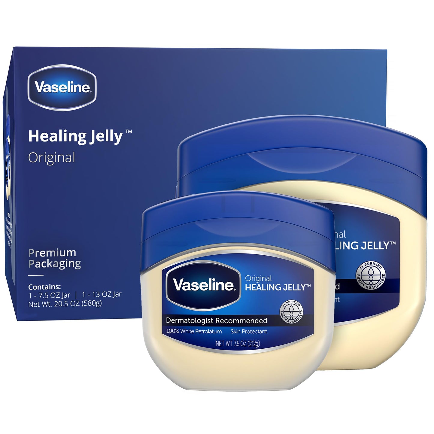 Vaseline Petroleum Jelly, Dermatologist Recommended, Original, 100% White Petrolatum, Deep Moisturizer, Relieves Dull, Dry Skin, Soothing & Gentle, 13 oz and 7.5 oz, Pack of 2