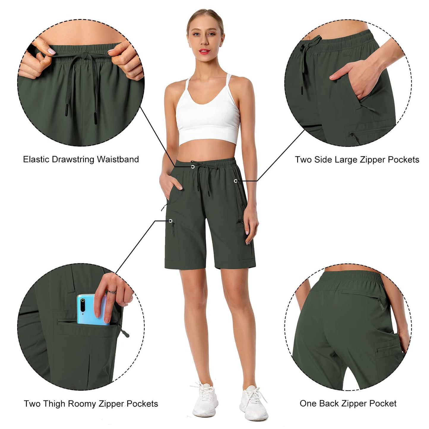 Women's Lightweight Hiking Cargo Shorts Quick Dry Athletic Shorts for Camping Travel Golf with Zipper Pockets Water Resistant Army Green