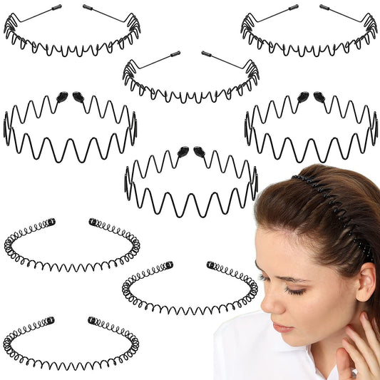 BOYIVI 9 Pieces Metal Hairband for Men and Women Unisex Adjustable Black Wavy Hair Band Non-slip Spring and Summer Home Outdoor Hair Hoop Fashion Simple Elastic Hair Accessories (Style B)