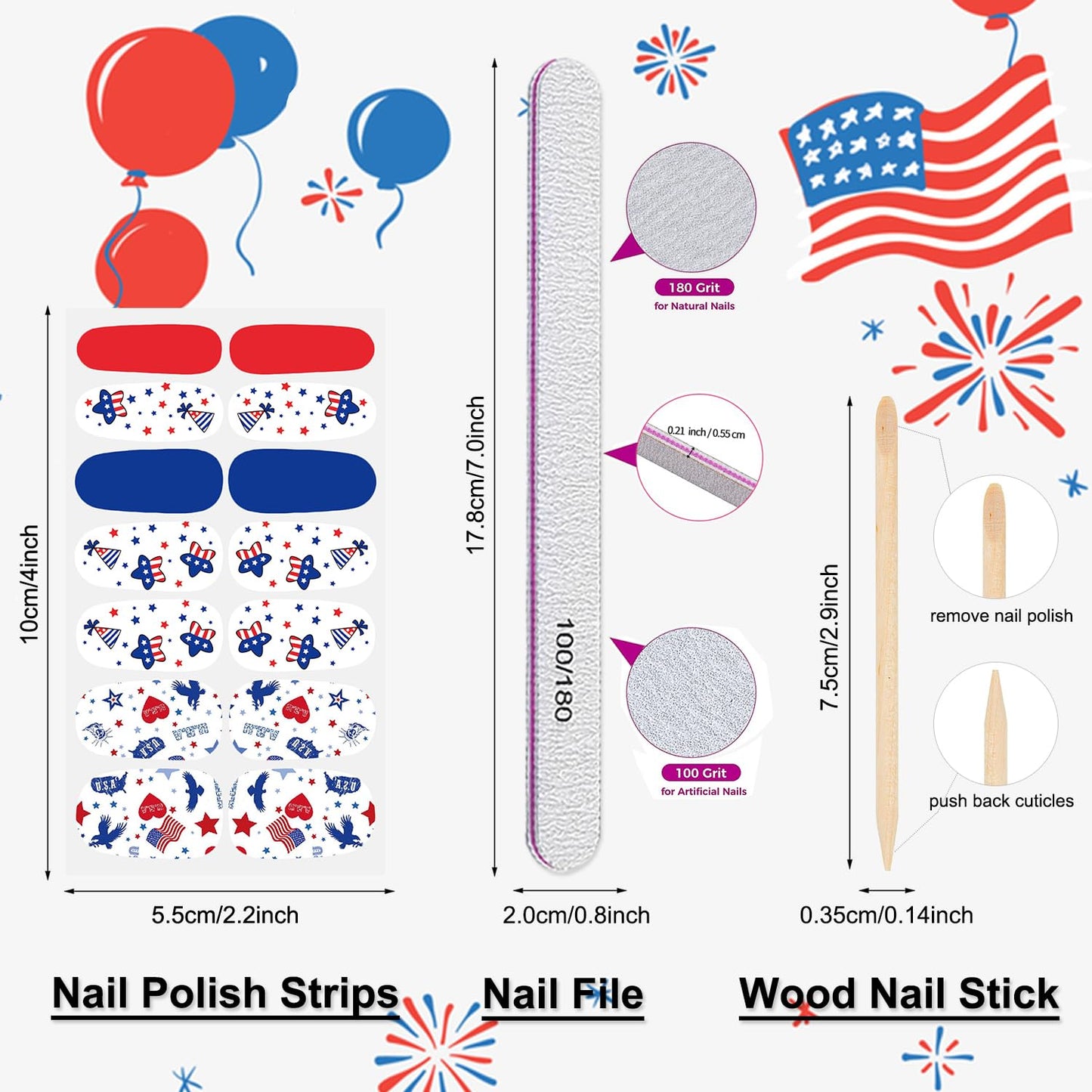 DANNEASY 8 Sheets 4th of July Independence Day Nail Wraps Nail Polish Stickers for Women Nail Polish Strips Self Adhesive Fingernail Stickers Stick on Nails with Nail File, Cuticle Stick