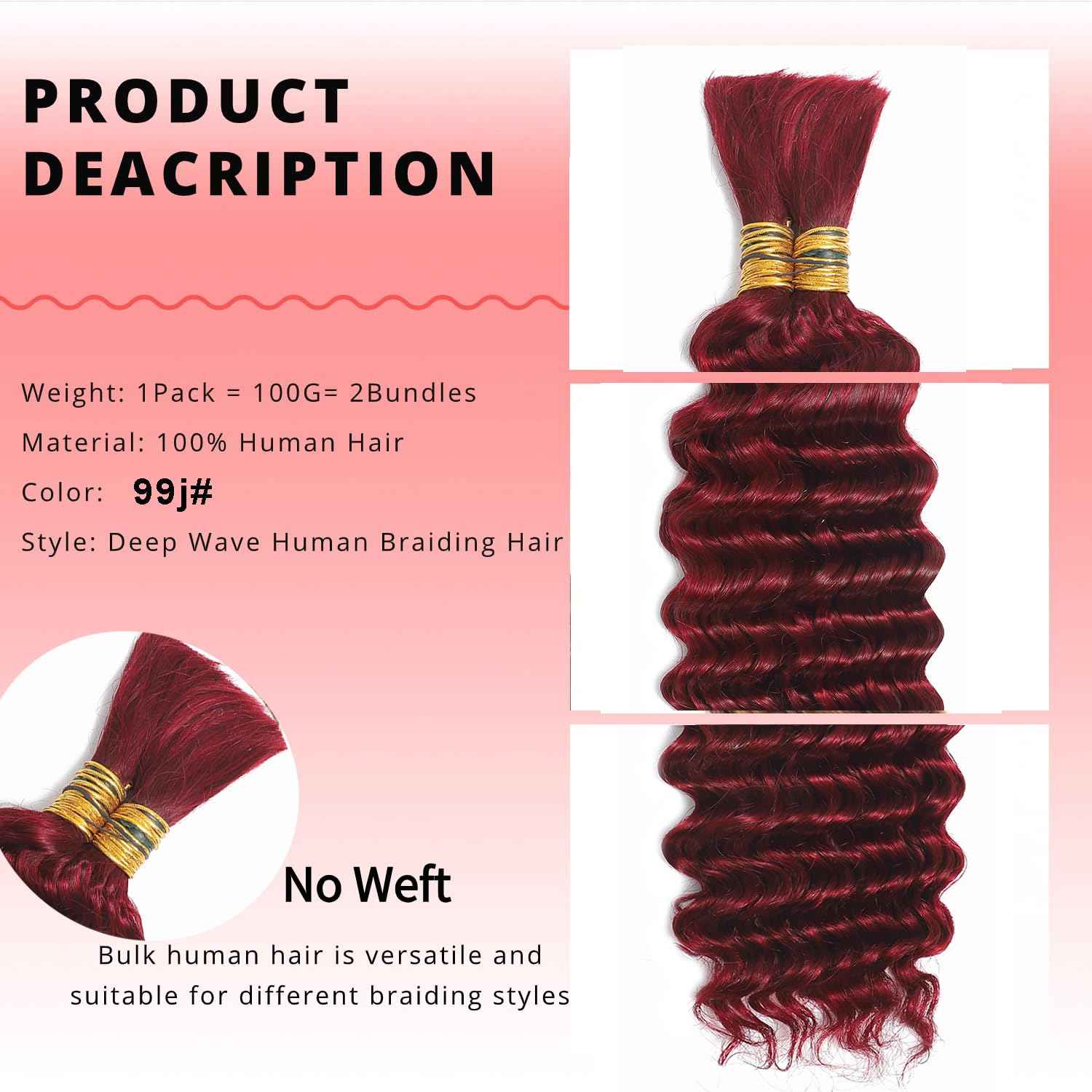 99J Burgundy Human Braiding Hair For Boho Braids 100g Deep Wave Bulk Human Hair for Braiding 12A No Weft Curly Human Hair Extensions Wet and Wavy Boho Hair for Braiding (99J-Deep Wave, 20 Inch)